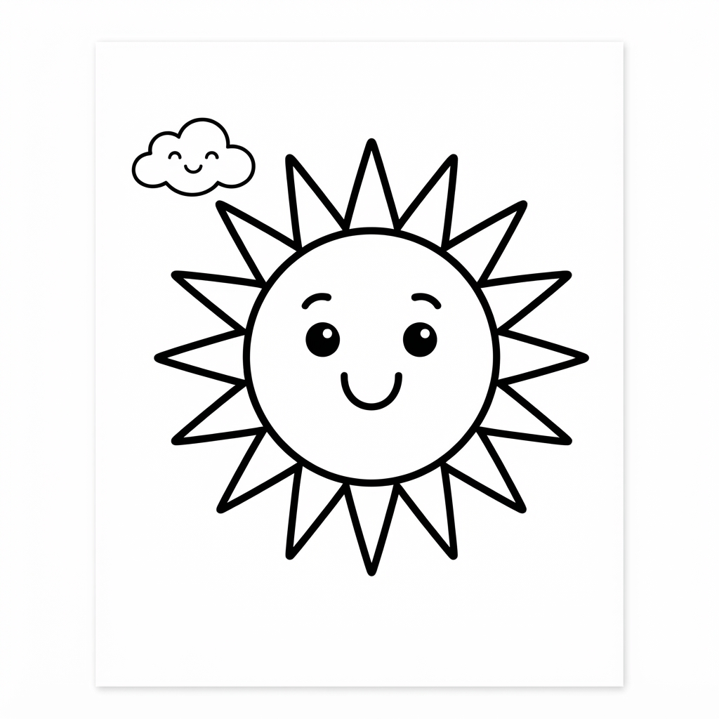 Simple coloring page of a big smiling sun with pointed rays and a cloud