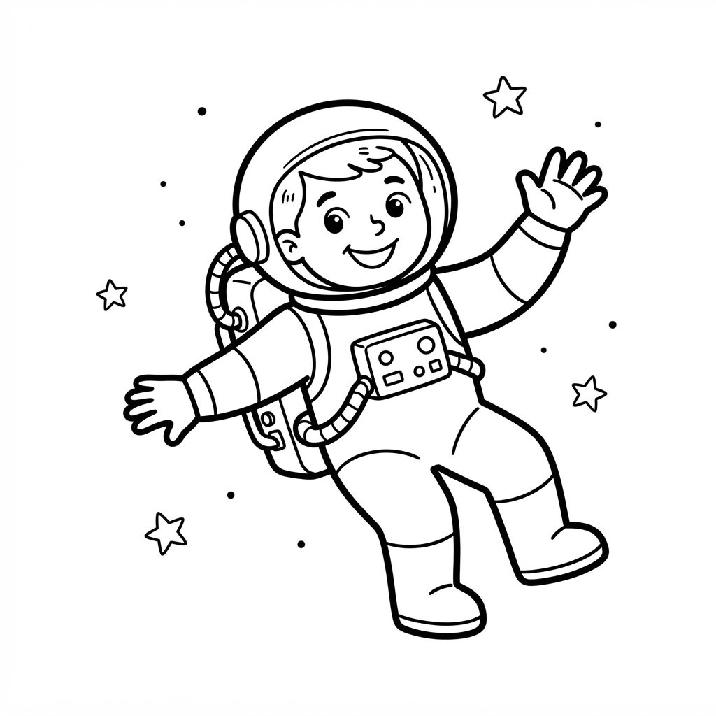 Simple coloring page of a smiling astronaut in a spacesuit waving