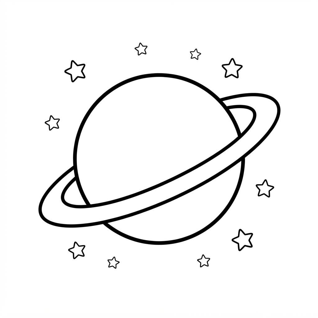 Simple coloring page of a planet with a big ring and small stars