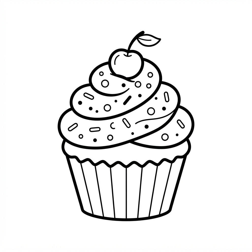 Simple coloring page of a cupcake with frosting and sprinkles