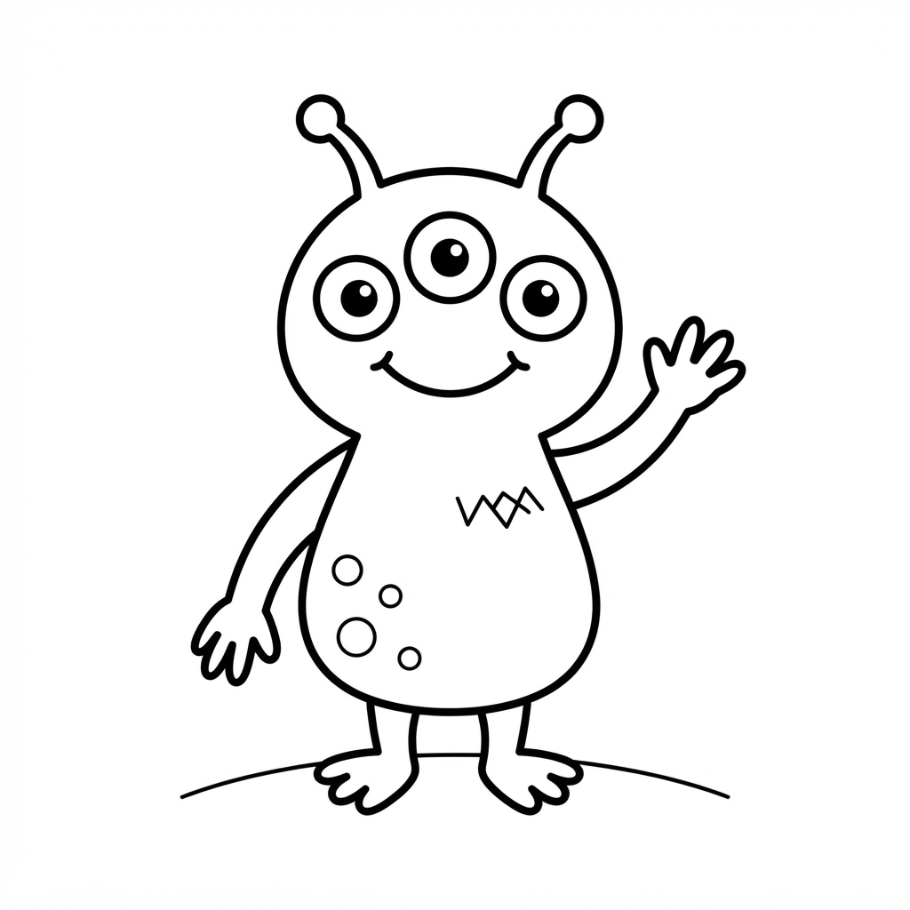 Simple coloring page of a friendly alien with three eyes and antennae