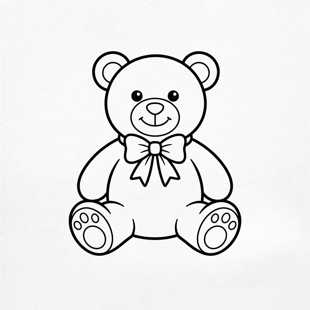 Simple coloring page of a cuddly teddy bear sitting with a bow
