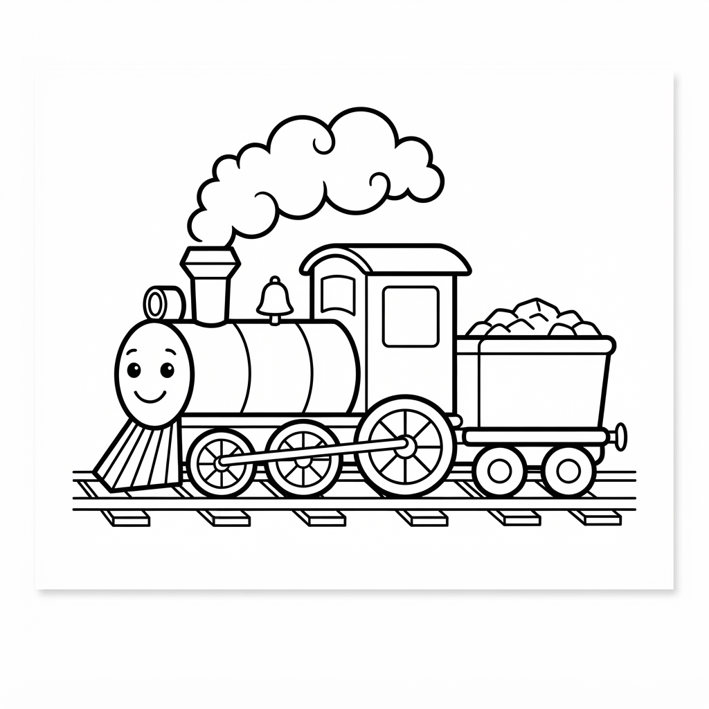 Simple coloring page of a friendly steam train with round wheels
