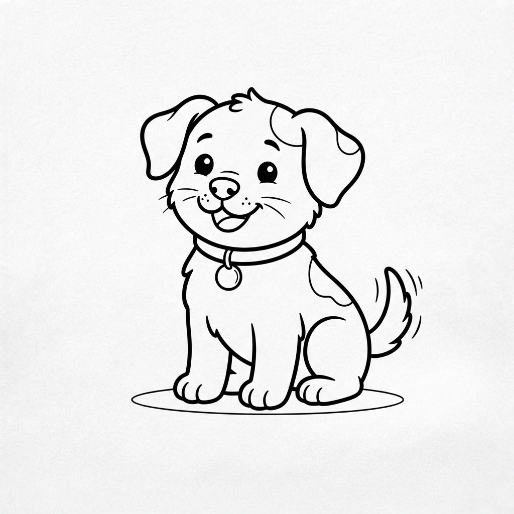 Coloring page example of a cute puppy drawn in bold black outlines