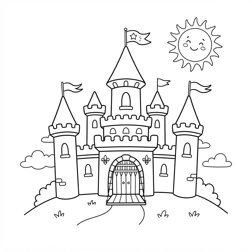 Coloring page example of a fairytale castle with flags and a sun