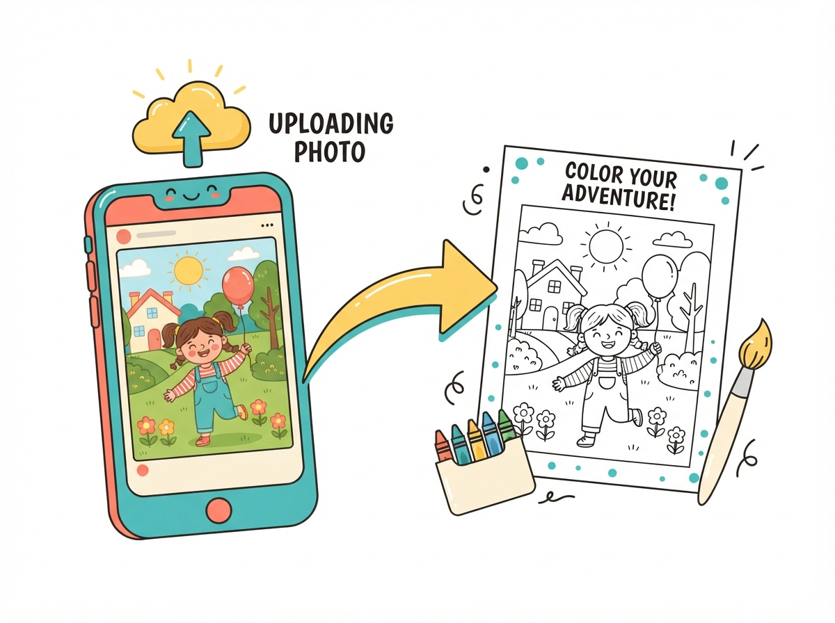 Illustration showing a photo on a phone turning into a coloring page with crayons