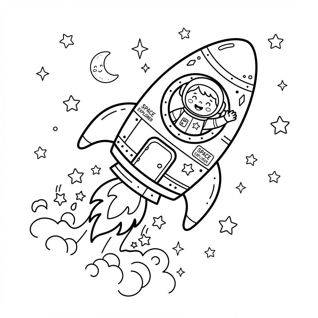 Coloring page example of a rocket ship and a smiling astronaut kid
