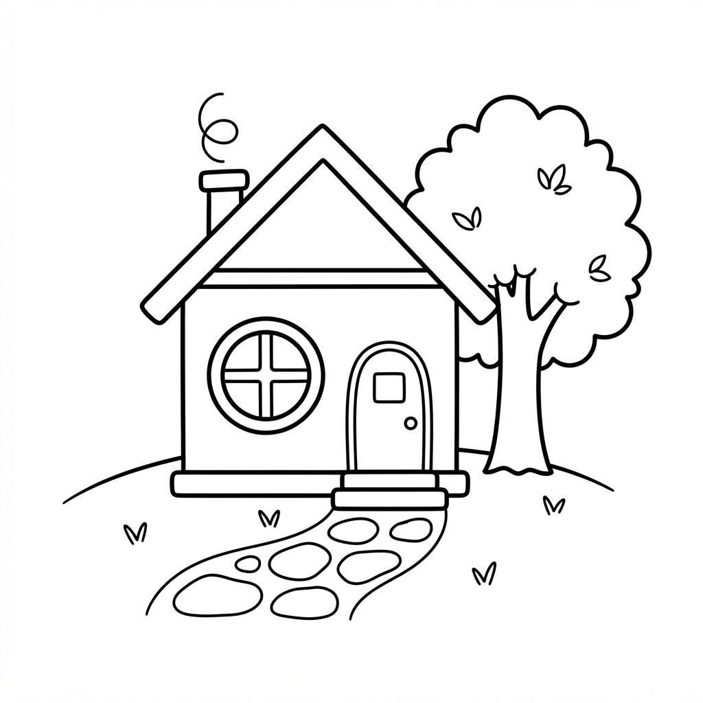 Simple coloring page of a cozy little house with a triangle roof and a tree