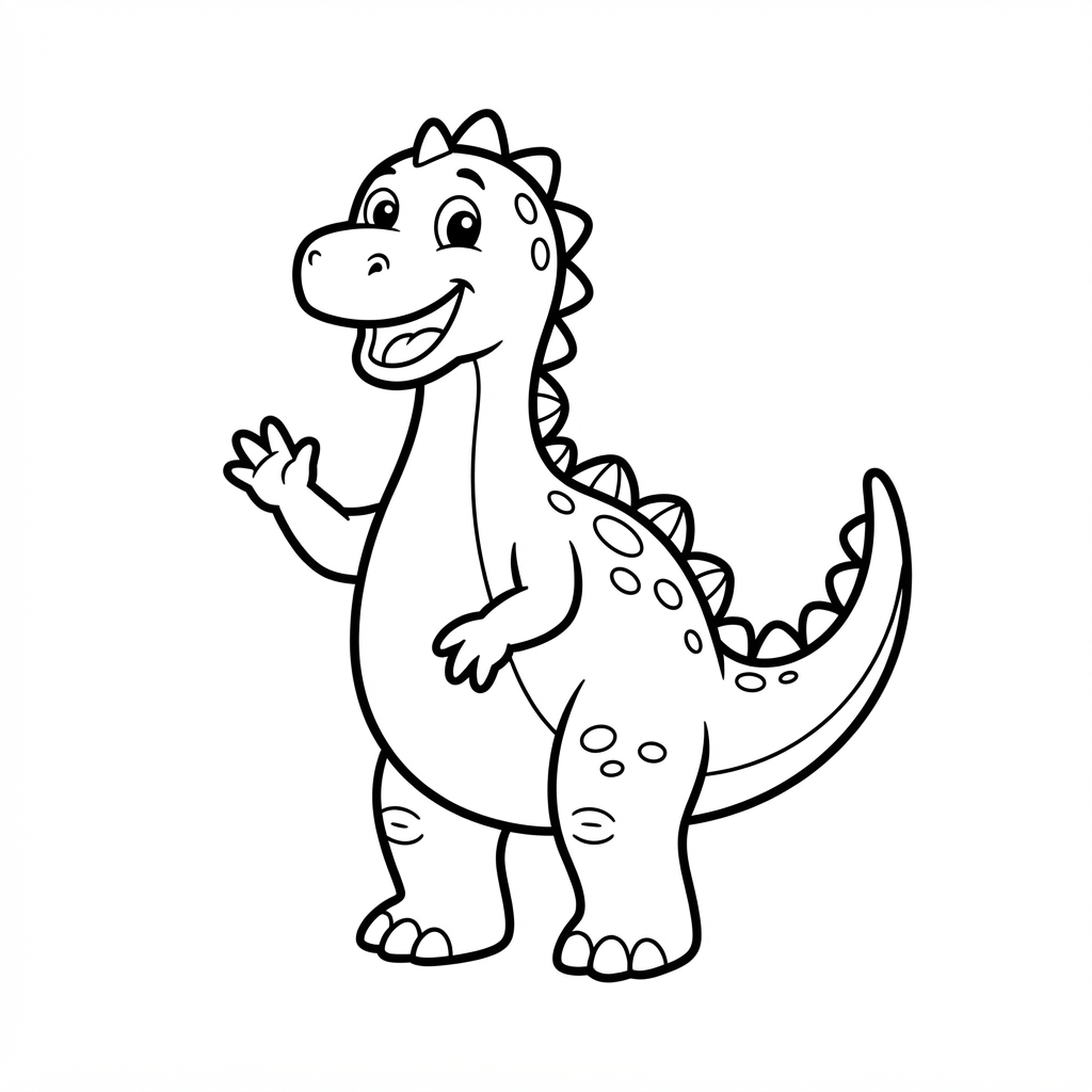 Simple coloring page of a happy cartoon dinosaur standing and smiling