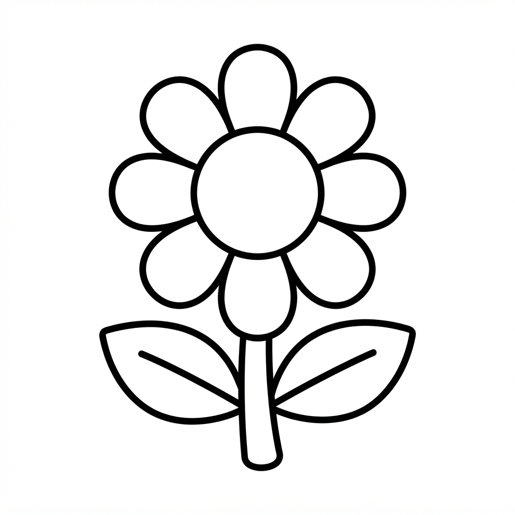 Simple coloring page of a single big flower with rounded petals and leaves