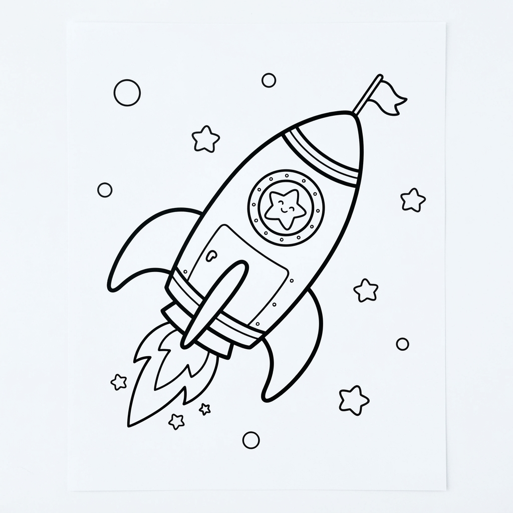 Simple coloring page of a friendly rocket ship flying among round stars