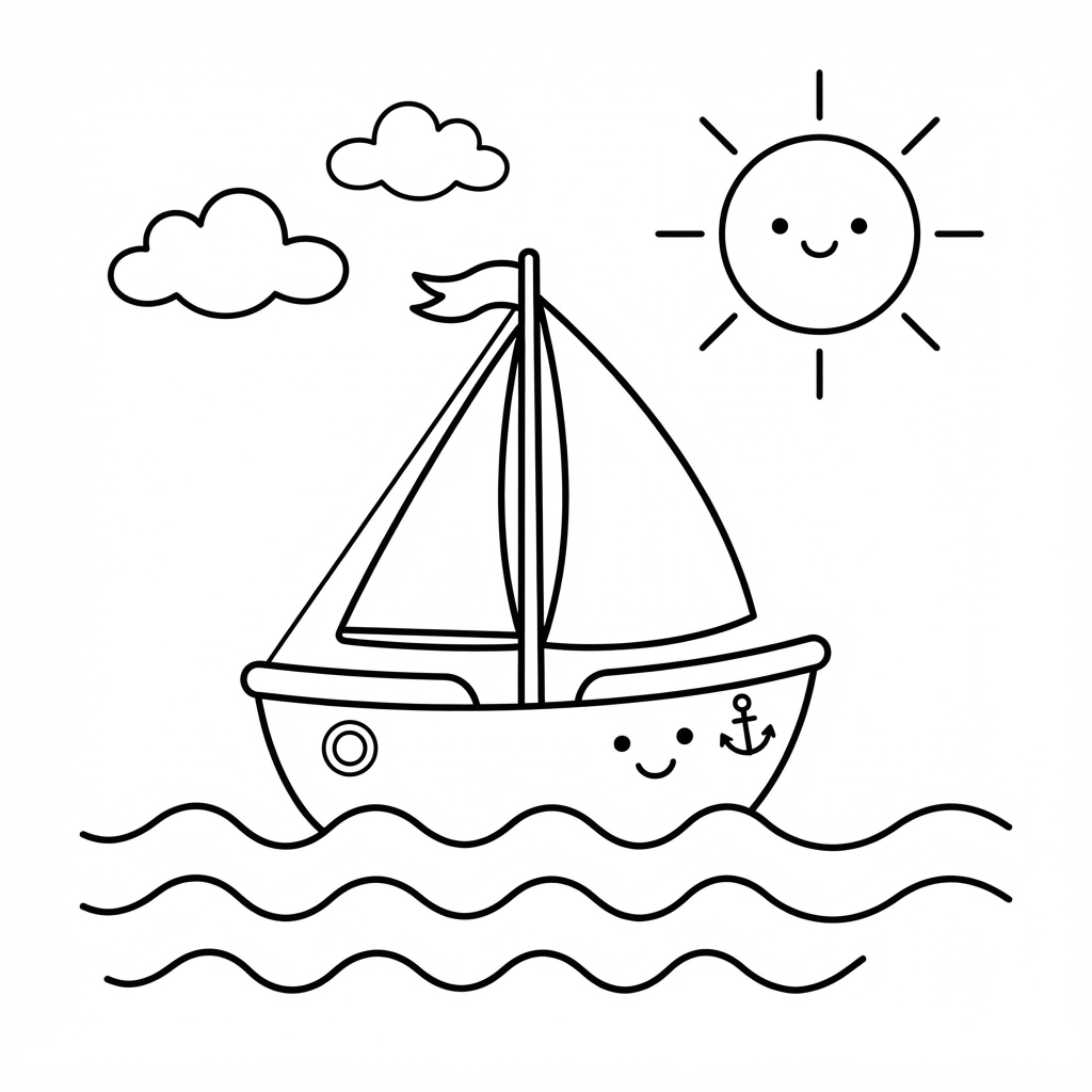 Simple coloring page of a cheerful sailboat on gentle waves with a sun