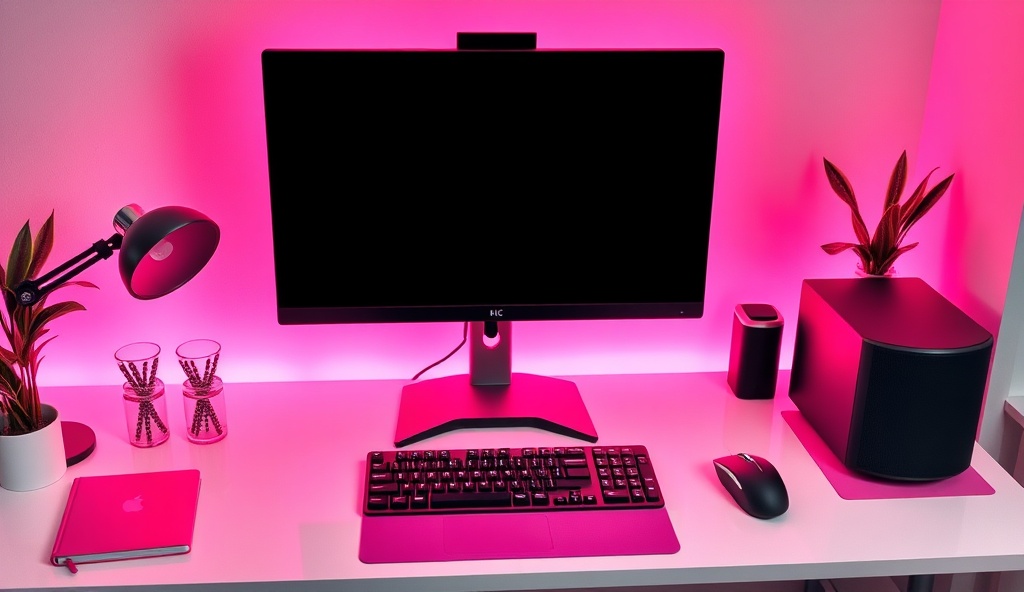 Stylish computer setup with pink accents