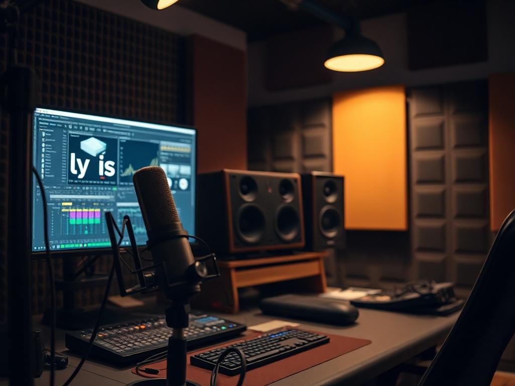 Create a realistic high-resolution photo capturing the essence of "Creating Compelling Soundscapes for Film." The composition should prominently feature a single subject: a skilled sound designer at work in a well-equipped audio studio. The subject, a middle-aged person with an engaged expression, is intently focused on their computer screen, surrounded by an array of high-quality microphones, sound mixing equipment, and sound editing software visible on the screen.

In the background, soft lighting from overhead studio lamps gently illuminates soundproof panels and acoustic treatment materials on the walls, enhancing the ambiance of creativity and professionalism. The color palette should draw inspiration from the primary color rgb(193, 153, 87), creating a warm, inviting atmosphere. The overall composition should be simple and clear, emphasizing the dedication and artistry involved in crafting soundscapes for filmmaking, spotlighting the beauty of both technology and creative expression in sound design.