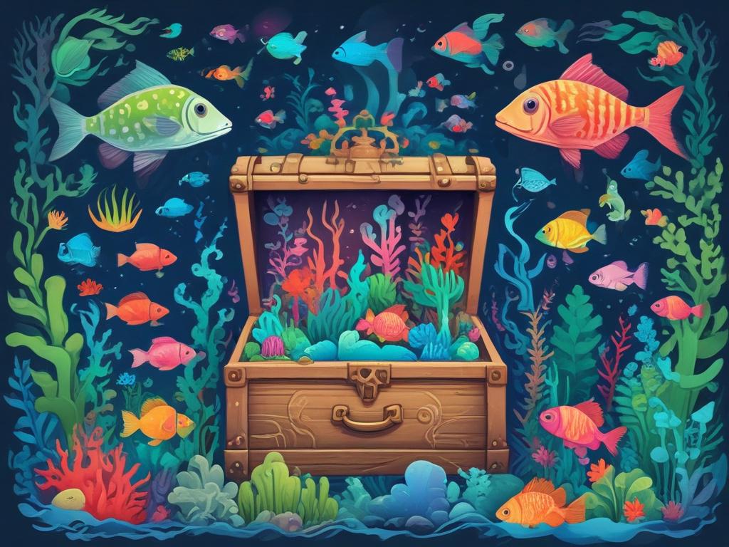 vibrant underwater scene showcasing a treasure chest surrounded by colorful