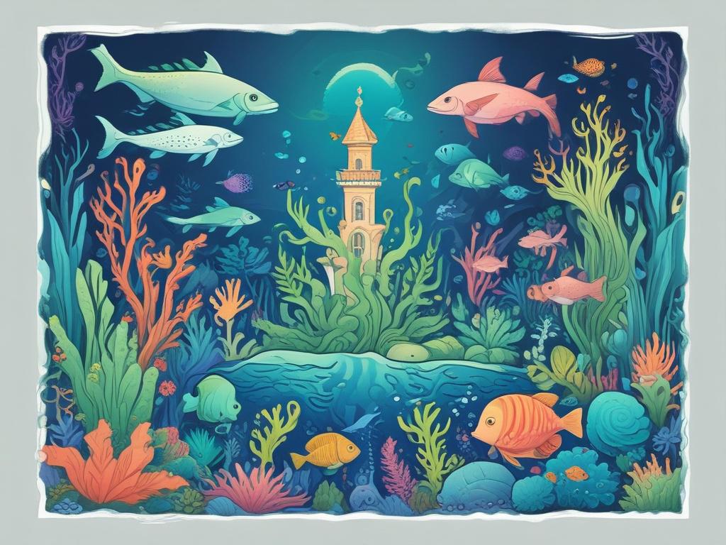 vibrant underwater scene depicting a magical underwater investment chart surrounded