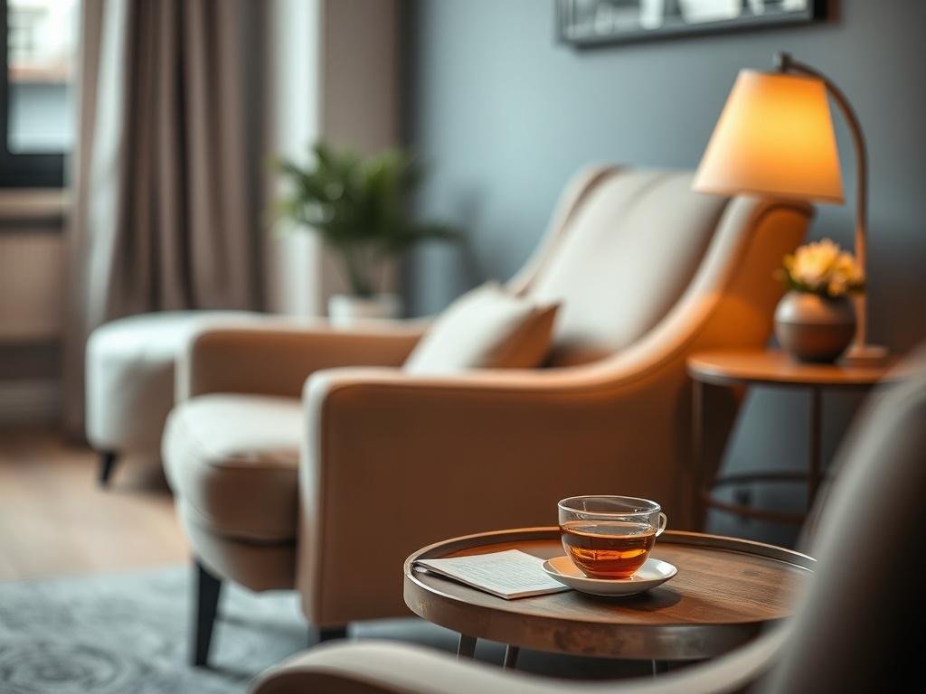 A close-up shot of a warm, inviting counselling room featuring a comfortable armchair and soft lighting. The focus is on a serene atmosphere, with a small table holding a notepad and a cup of tea. The background subtly includes calming colors and textures that evoke a sense of safety and support. Shot with a 45mm f/1.2 lens style.