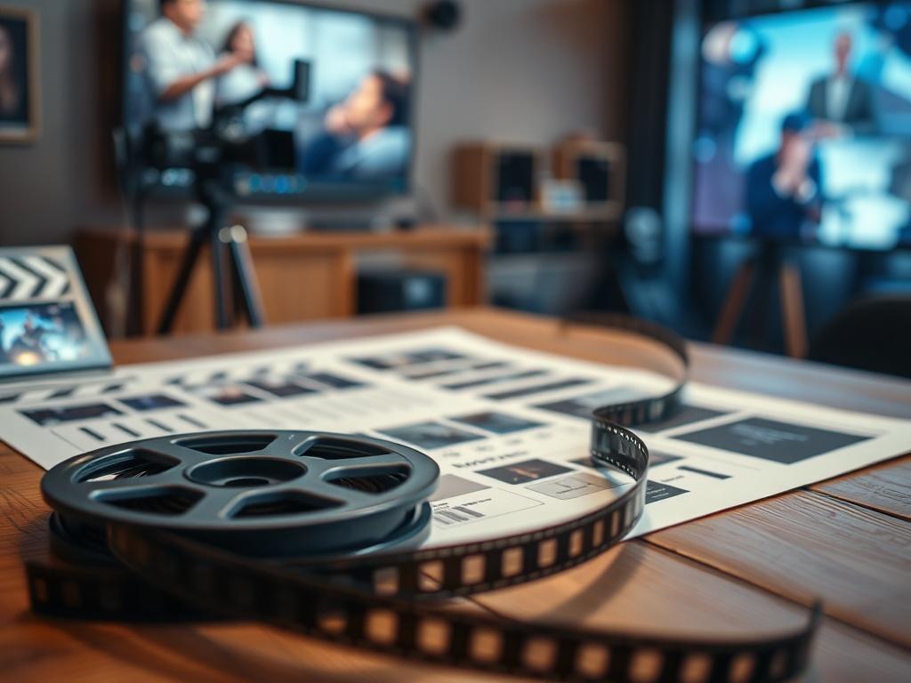 A close up shot of a film reel and storyboard