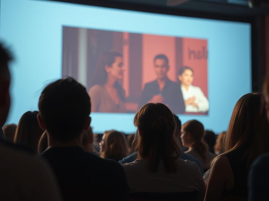 A close up shot of a film screening event, featuring