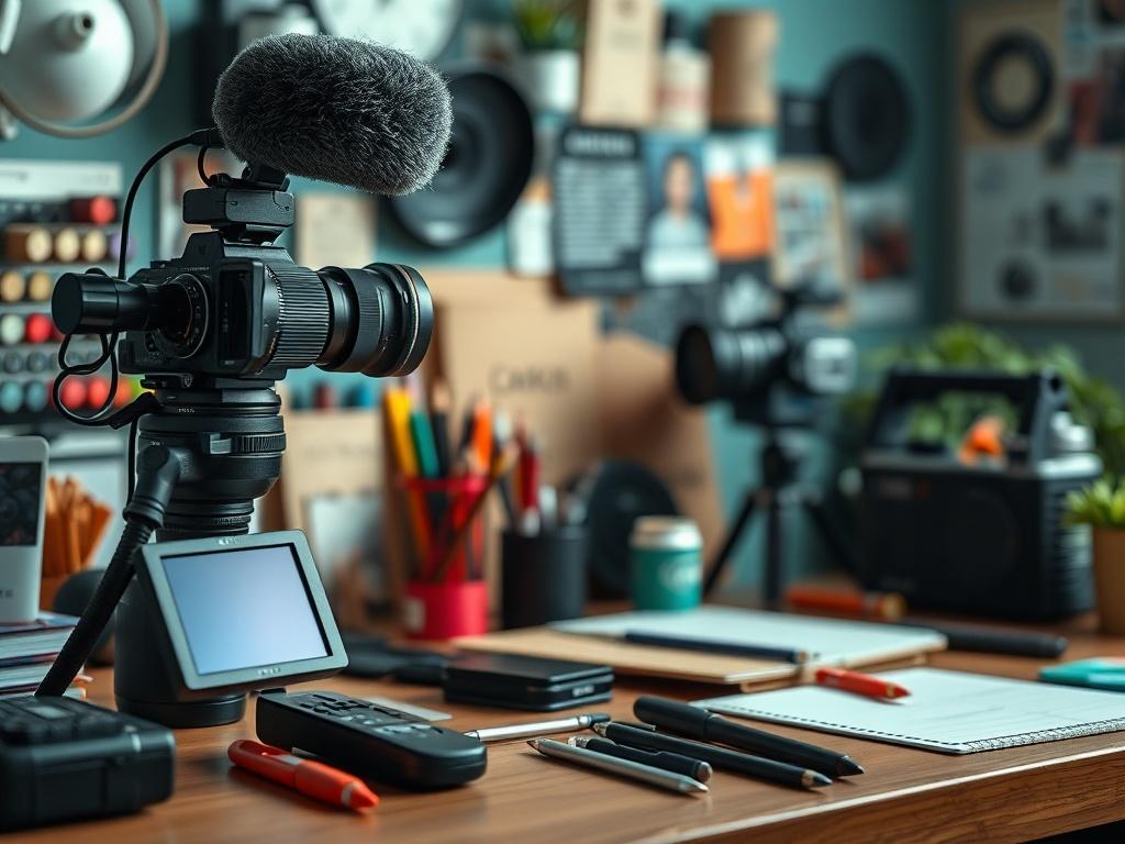 A close-up shot of a vibrant, creative workspace featuring Audrey Leon's film directing tools and personal branding elements. The background should be softly blurred, emphasizing the tools and creative materials in the foreground. The image should convey a sense of professionalism and artistic flair, suitable for a personal brand in the entertainment industry.