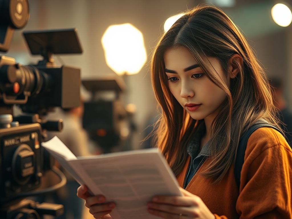 A close up shot of a young female filmmaker on