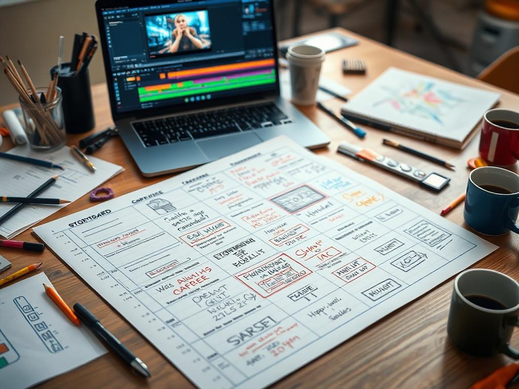 A high resolution image of a storyboard on a table,