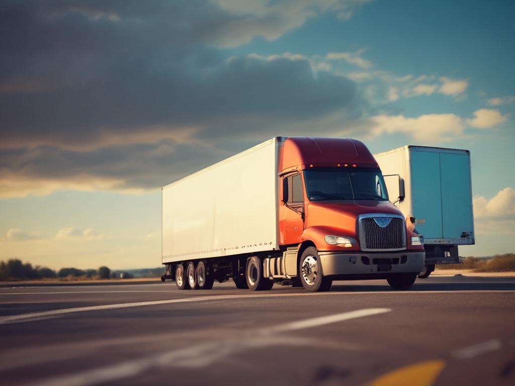 close-up of a box truck on a highway, vibrant colors, clear blue sky, focused shot with a blurred background, hyper-realistic rendering