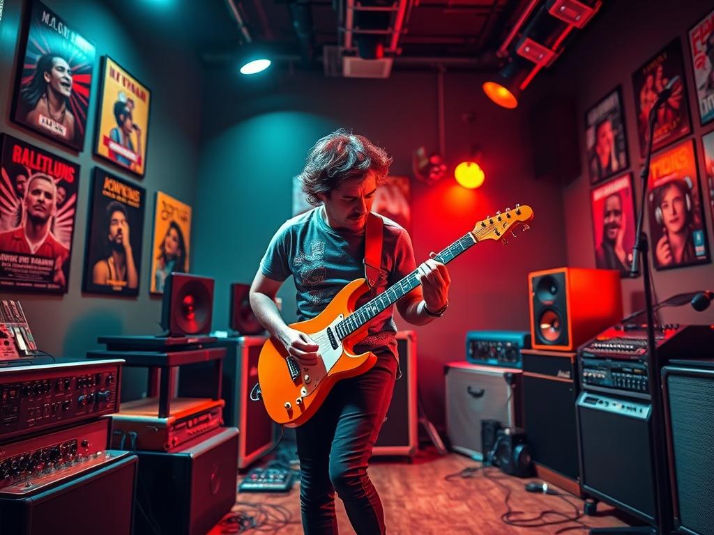 A vibrant music studio scene with a single artist passionately