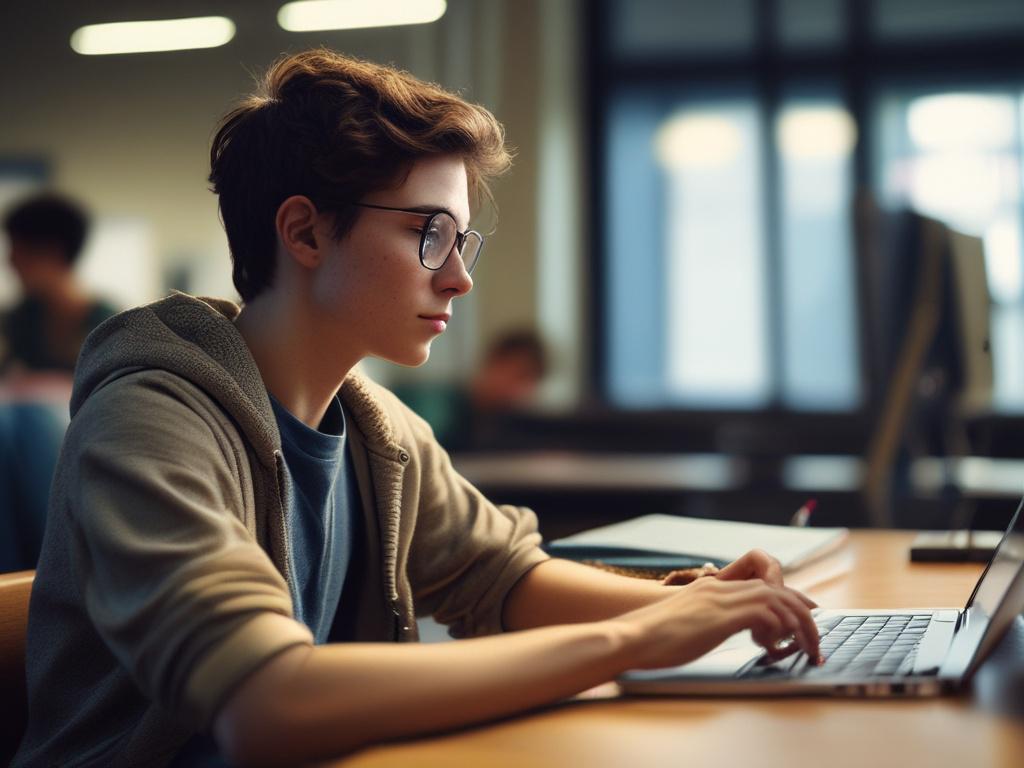 A close-up shot of a young student engaged in a one-on-one Python programming session on a laptop. The student is focused, with code displayed on the screen. The background features a warm and inviting study environment, with books and stationery visible. The composition is simple and clear, showcasing the student and the laptop as the main subjects. The lighting is soft and bright, enhancing the learning atmosphere. The colors are vibrant and compatible with rgb(4, 128, 50), creating an engaging visual exp
