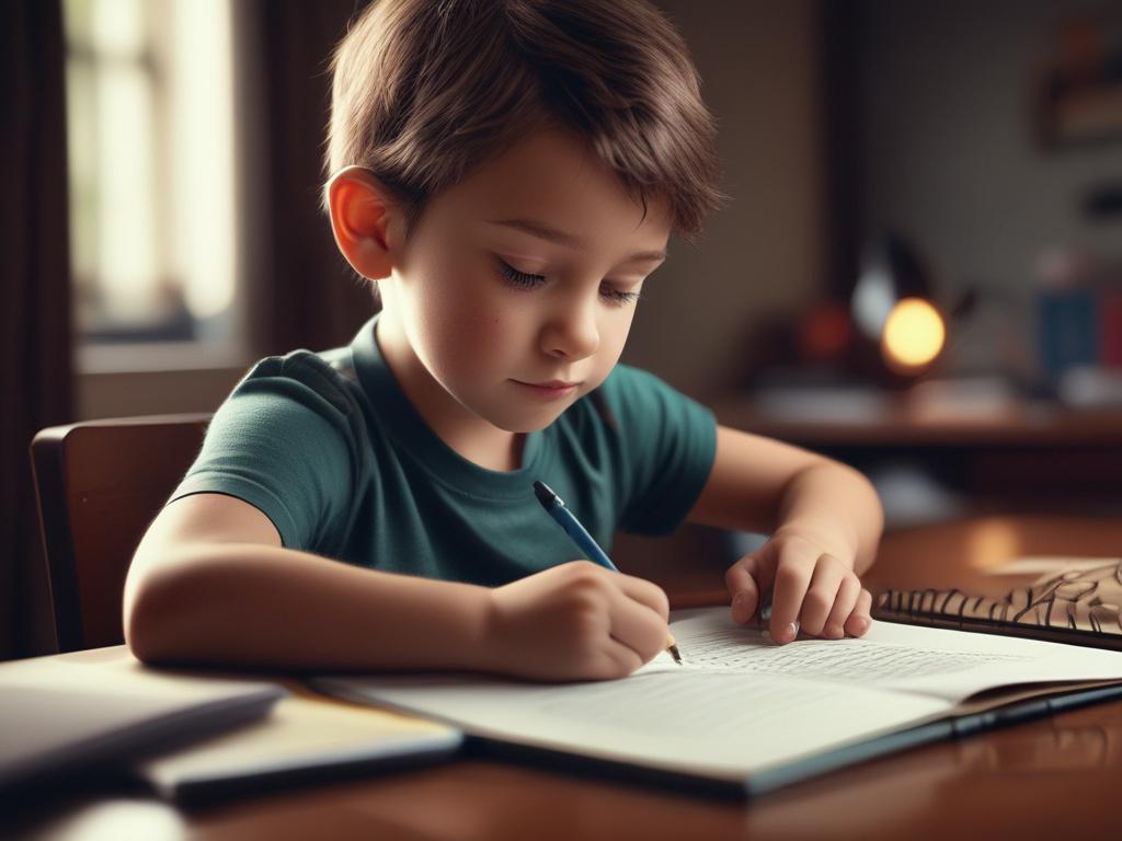 A close-up shot of a young child sitting at a desk, deeply focused on writing in a notebook. The child has a look of concentration and excitement, surrounded by colorful stationery and a bright, inviting room with sunlight streaming in. The background is softly blurred to emphasize the child and their writing, creating a warm and inspiring atmosphere. The color scheme includes hints of the primary rgb(4, 128, 50) color to resonate with the brand's identity.