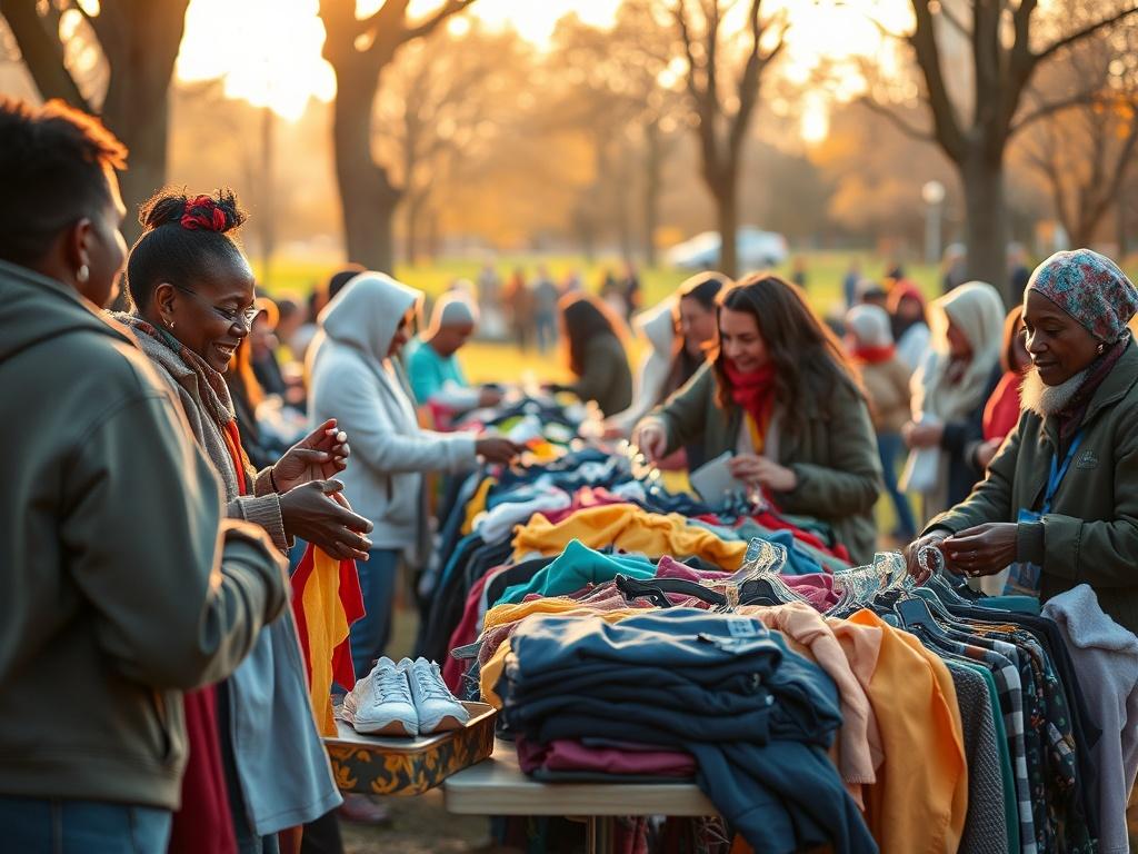 A vibrant clothing distribution event in a park, with volunteers