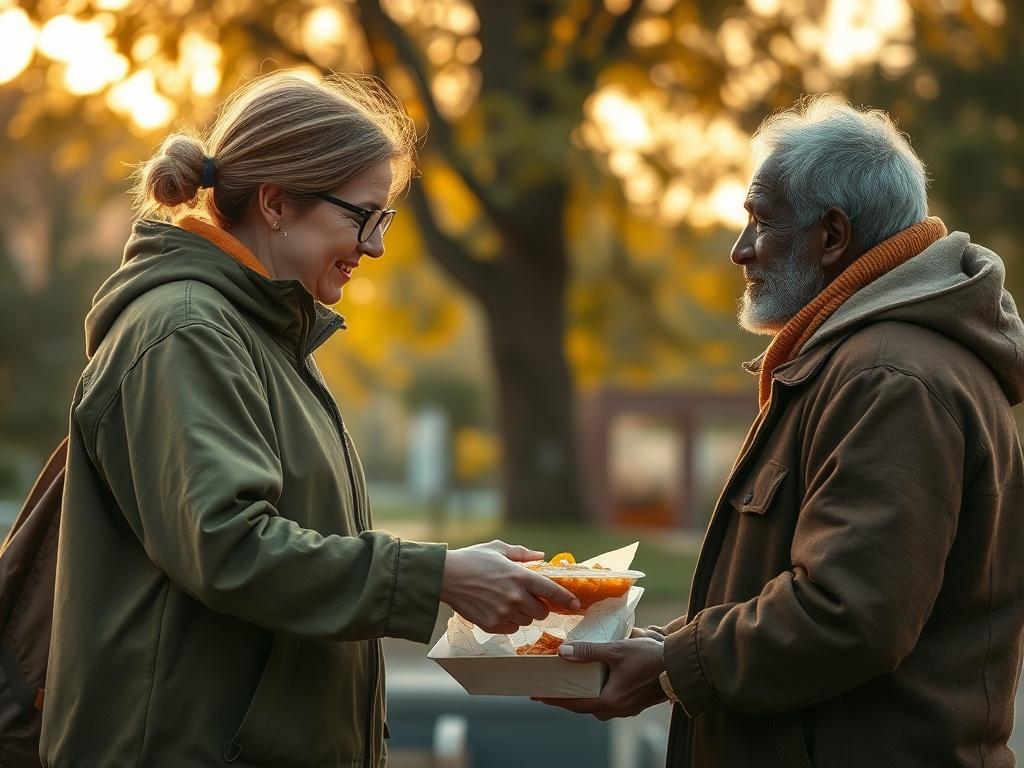 A caring volunteer serving a warm meal to a homeless