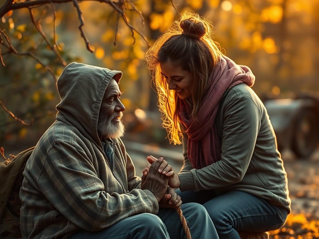 A compassionate volunteer praying with a homeless individual in a