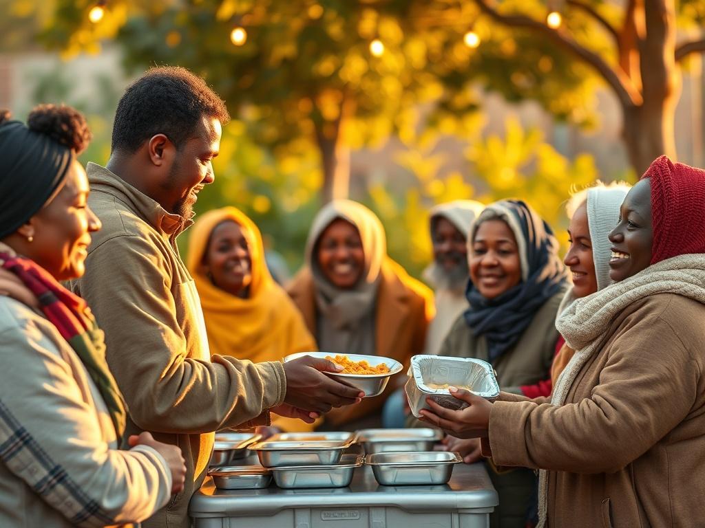 A warm, inviting scene of a volunteer serving food to