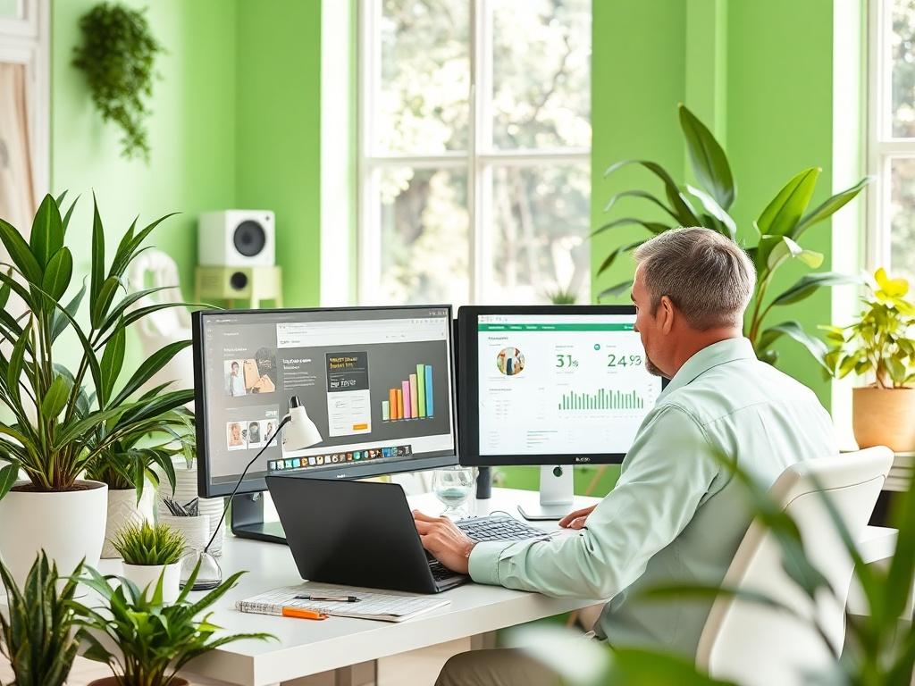 A bright, inviting workspace with an e commerce professional analyzing