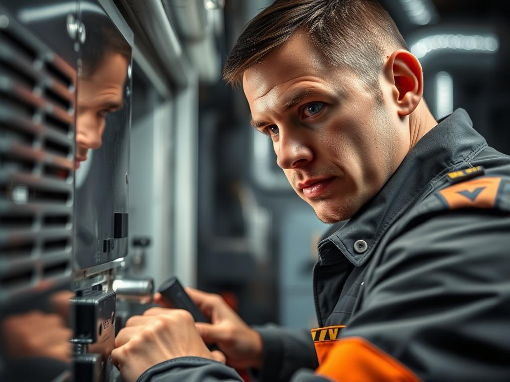 A close up shot of a furnace technician repairing a