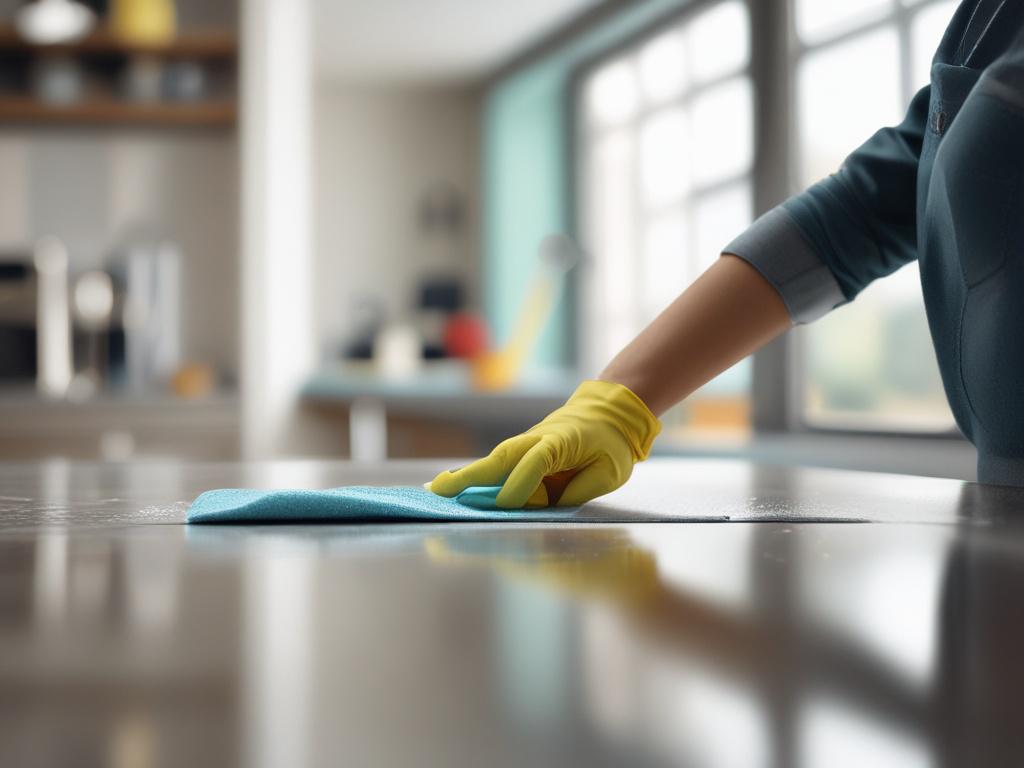 A hyper-realistic close-up shot of a cleaning professional using a high-quality spray and cloth to wipe down a kitchen countertop. The composition focuses on the gleaming surface of the countertop, showcasing the reflection of the cleaning process. The background features blurred kitchen elements to emphasize the cleanliness of the countertop. The image is captured with a 45mm f/1.2 lens style, emphasizing detail and vibrant colors to match the primary color rgb(50, 170, 39).