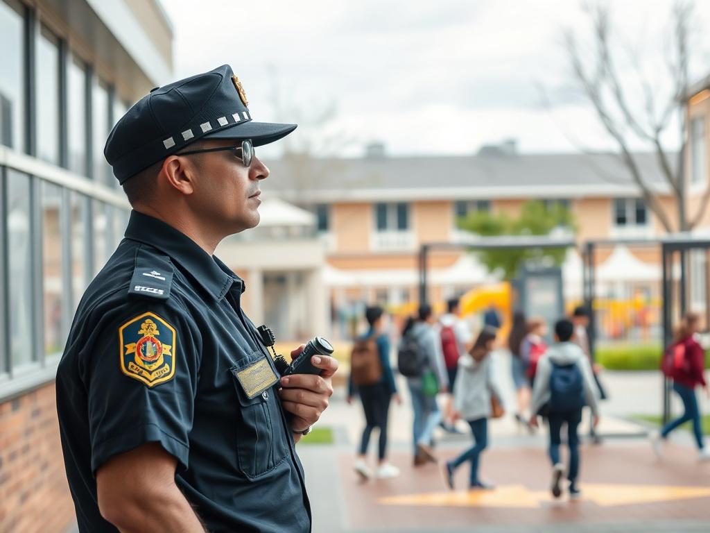 A security officer monitoring a school campus, standing near the