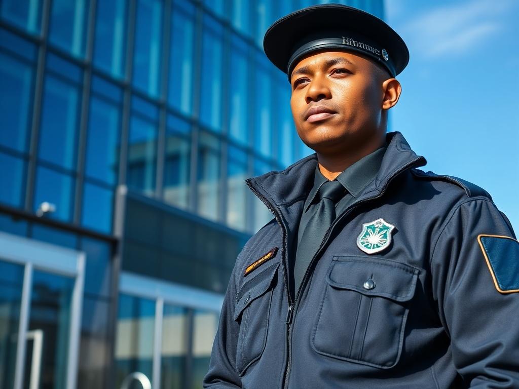 A professional security guard standing at the entrance of a