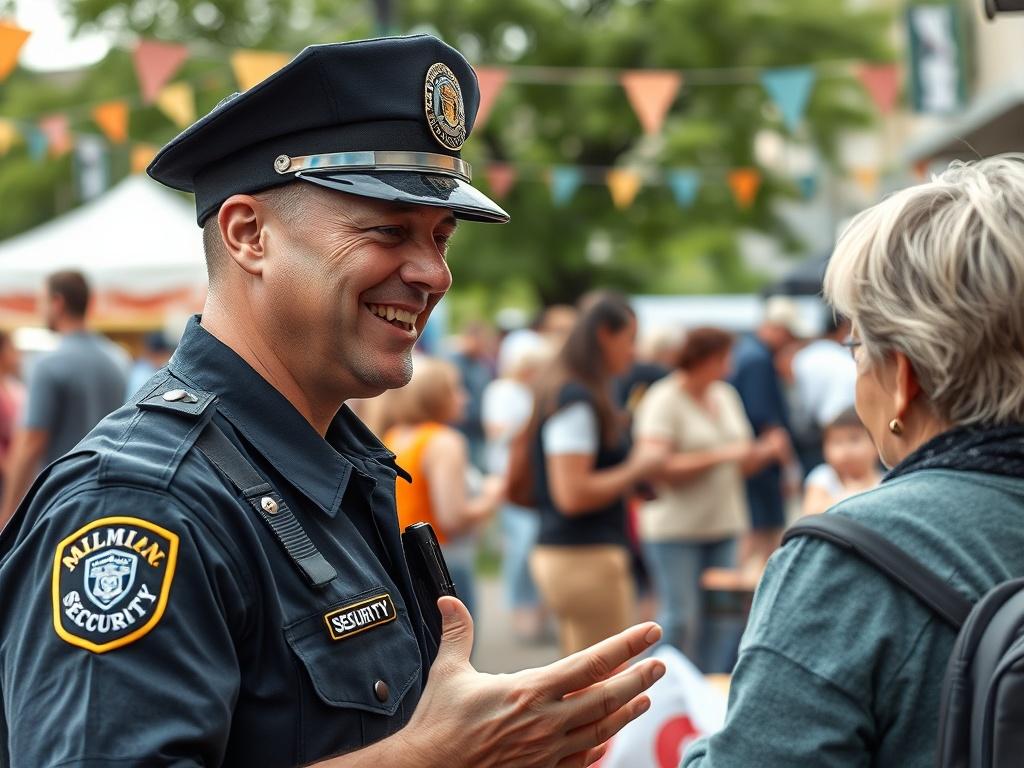 A municipal security officer engaging with community members at a