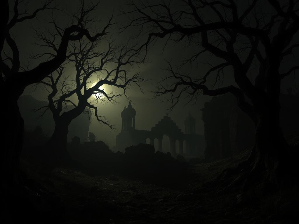 A dark and immersive game environment featuring twisted trees and shadowy ruins, illuminated by a faint, eerie light. The setting should evoke a sense of mystery and dread, with deep shadows and rich contrasts, capturing a haunting atmosphere.