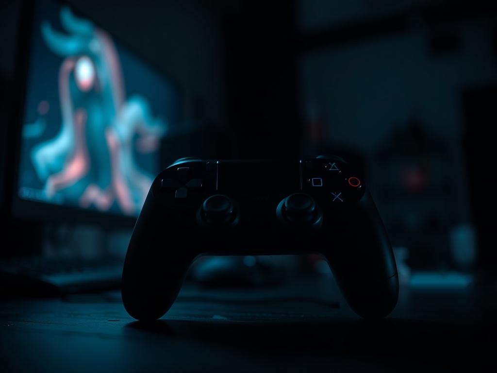 A close-up of a game controller in a dimly lit room, with intense shadows highlighting the details. The background is blurred, suggesting a gaming setup filled with dark, serious tones. The setting should evoke a sense of anticipation and excitement, with the primary color rgb(193, 153, 87) subtly integrated into the scene. The overall mood is intense and immersive, drawing the viewer into the gaming experience.