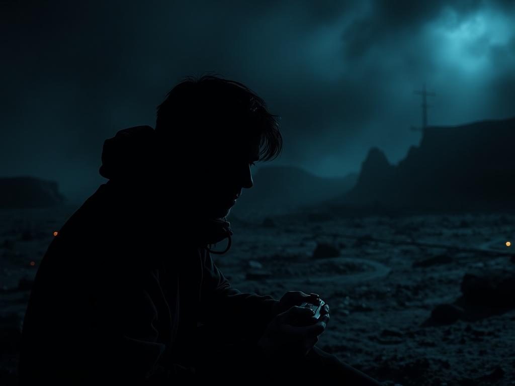 A dark, atmospheric gaming environment with a solitary figure immersed in gameplay, surrounded by shadows and flickering lights. The backdrop features a desolate, foreboding landscape, enhancing the game’s serious tone. The figure should be focused, with a game controller in hand, showcasing engagement in an intense gaming session. The overall color scheme should reflect deep contrasts and rich textures, compatible with the primary color rgb(193, 153, 87).