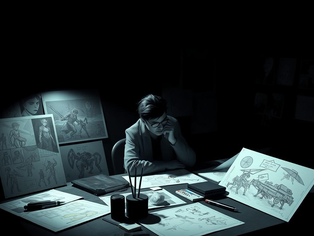A shadowy, dramatic scene of a game development meeting, highlighting a single developer in deep thought, surrounded by concept art and sketches. The lighting should be stark, emphasizing the creative process in a dark, moody atmosphere. The primary color rgb(193, 153, 87) should be reflected in the artworks, creating a cohesive visual experience. The entire composition should evoke a sense of creativity and intensity.