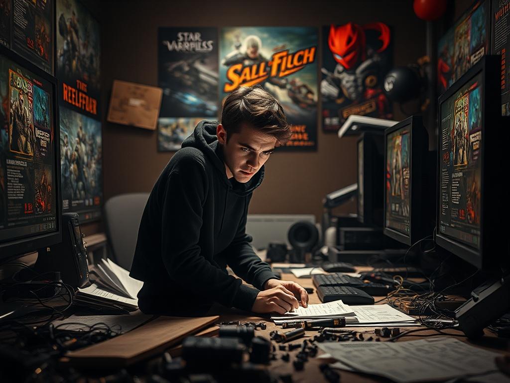 **Prompt for AI Image Generator:**

Create a realistic high-resolution photo that captures the essence of a solitary figure in a dimly lit, chaotic game development environment. The composition should be simple and clear, focusing on a single subject—a game developer—sitting at a cluttered desk surrounded by computer screens and scattered design sketches. The desk should be strewn with loose screws, circuit boards, and game design documentation, emphasizing the theme of disorder and frustration.

The game d