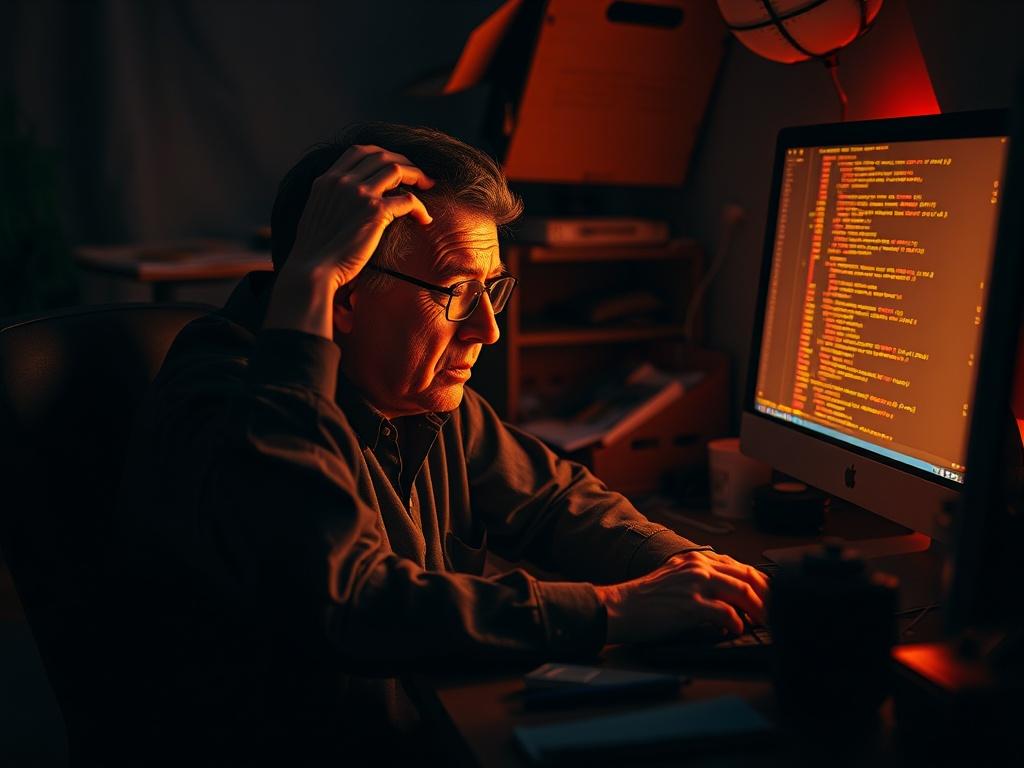 **Prompt for AI Image Generation:**

Create a realistic high-resolution photo that embodies the theme of "The Nuclear Option." The single subject of the image should be a weary software developer sitting at a cluttered workspace, surrounded by scattered notes and a flickering computer screen displaying lines of perplexing code. The developer, a middle-aged individual with a focused and slightly frustrated expression, should be holding their head with one hand, conveying a sense of contemplation and exhausti