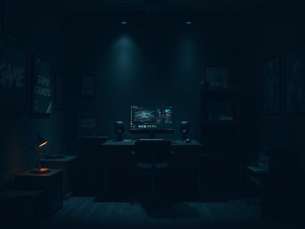 A dark and atmospheric scene depicting a mysterious game development studio workspace, featuring a single dimly lit desk with a computer displaying a dark-themed game interface. The room is filled with shadows and has rich contrasts, showcasing game design art on the walls. The ambiance is intense, with deep shadows and dramatic lighting emphasizing the creative process. The color palette should incorporate shades of black and deep gray, accentuated by the rgb(193, 153, 87) primary color.