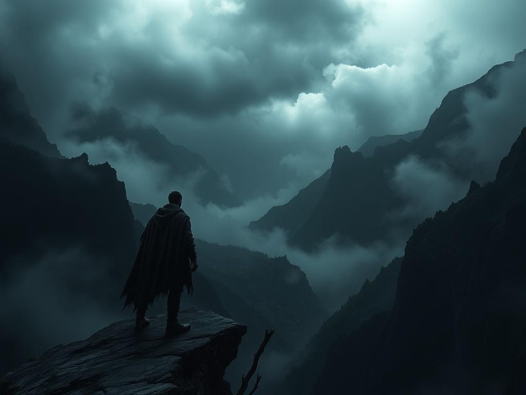 Create a highly detailed, realistic high-resolution image that captures the essence of "Exploring the Dark World of Heresy Falls." The composition should be simple and clear, featuring a solitary figure standing on the edge of a fog-laden cliff overlooking a desolate, shadowy valley. The subject, clad in a tattered cloak that subtly hints at a dark, mysterious persona, gazes into the abyss, embodying the feeling of solitude and exploration. 

The background should consist of towering, jagged mountains shrou