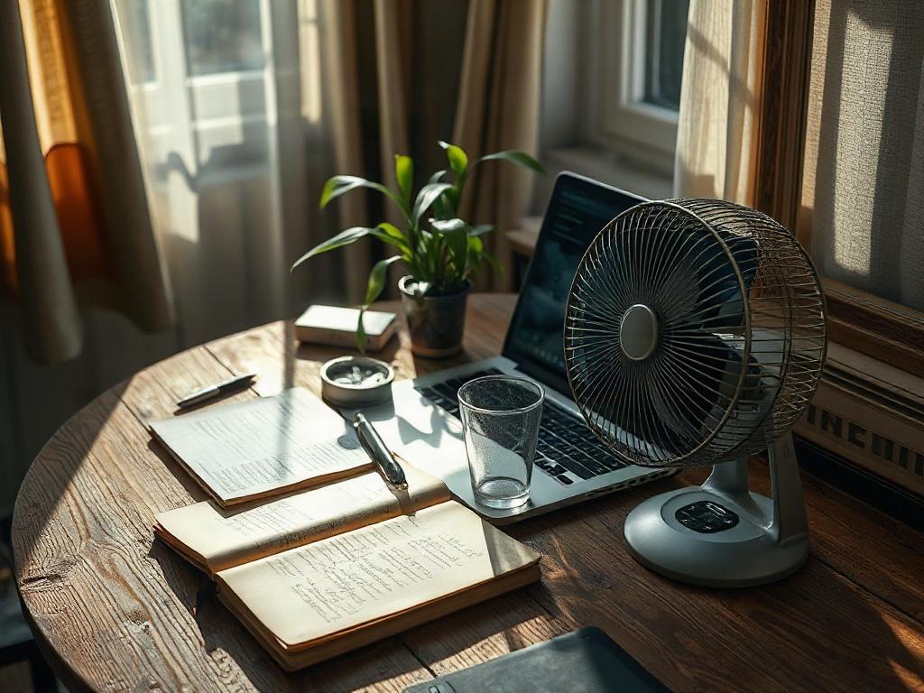 **Image Prompt**

Create a realistic high-resolution photo that embodies the essence of "The Great Summer Development Interruption." The composition should be simple and focused solely on one subject: a solitary, weathered wooden desk cluttered with gaming development tools. 

The desk should hold a slightly open laptop displaying a game development software interface, a worn-out notebook filled with hastily scribbled ideas, and a half-empty glass of water with condensation. Nearby, a small table fan should
