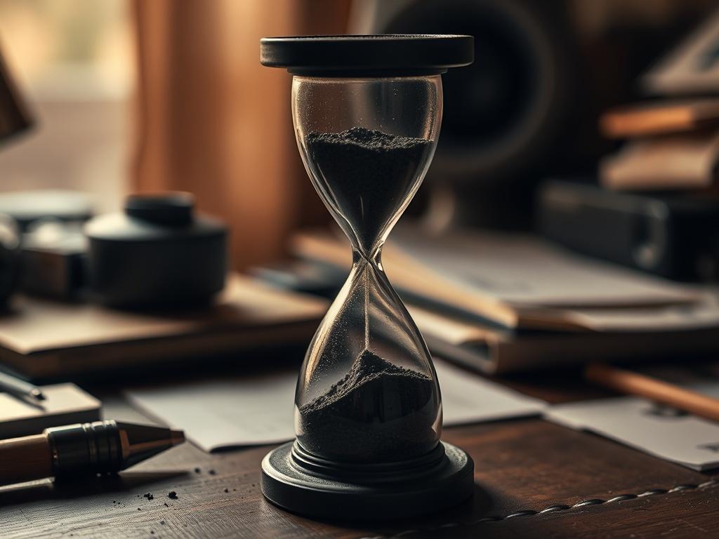 **AI Image Generation Prompt:**

Create a realistic, high-resolution photo that visually represents the theme of "Slight Delay… Or: Life Happened." The composition should be simple and clear, featuring a solitary subject at the center of the image. 

The subject should be a tarnished hourglass, emphasizing the passage of time and the delays we encounter in our lives. The hourglass should be partially filled with dark sand, with some grains slowly spilling out, symbolizing lost time and the inevitability of 